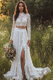 Ivory Floral 2 Piece Illusion Neck A Line Sweep Train Bridal Dress with Slit