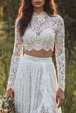 Ivory Floral 2 Piece Illusion Neck A Line Sweep Train Bridal Dress with Slit