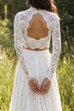 Ivory Floral 2 Piece Illusion Neck A Line Sweep Train Bridal Dress with Slit