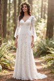 Ivory Floral V-Neck A Line Sweep Train Bridal Dress with Lace