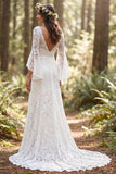 Ivory Floral V-Neck A Line Sweep Train Bridal Dress with Lace