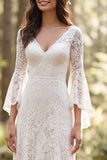 Ivory Floral V-Neck A Line Sweep Train Bridal Dress with Lace