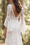 Ivory Floral V-Neck A Line Sweep Train Bridal Dress with Lace