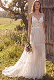 Ivory Floral Spaghetti Straps A Line Sweep Train Bridal Dress