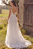 Ivory Floral Spaghetti Straps A Line Sweep Train Bridal Dress