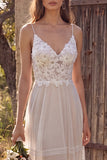Ivory Floral Spaghetti Straps A Line Sweep Train Bridal Dress