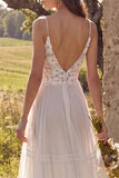 Ivory Floral Spaghetti Straps A Line Sweep Train Bridal Dress