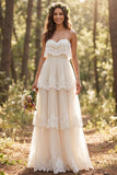 Ivory Sweetheart A Line Ruffled Floor Length Bridal Dress with Lace