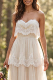 Ivory Sweetheart A Line Ruffled Floor Length Bridal Dress with Lace