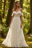 Ivory Corset Spaghetti Straps A Line Ruffled Sweep Train Bridal Dress with Lace
