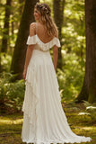 Ivory Corset Spaghetti Straps A Line Ruffled Sweep Train Bridal Dress with Lace