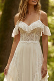 Ivory Corset Spaghetti Straps A Line Ruffled Sweep Train Bridal Dress with Lace