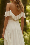 Ivory Corset Spaghetti Straps A Line Ruffled Sweep Train Bridal Dress with Lace