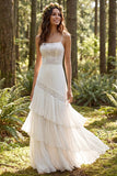Ivory Spaghetti Straps A Line Ruffled Sweep Train Bridal Dress with Lace