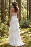 Ivory Spaghetti Straps A Line Ruffled Sweep Train Bridal Dress with Lace