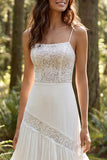 Ivory Spaghetti Straps A Line Ruffled Sweep Train Bridal Dress with Lace