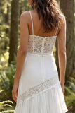 Ivory Spaghetti Straps A Line Ruffled Sweep Train Bridal Dress with Lace