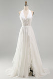 Ivory Halter A Line Ruffled Sweep Train Boho Wedding Dress with Slit