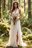 Ivory Halter A Line Ruffled Sweep Train Bridal Dress with Slit