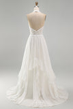 Ivory Halter A Line Ruffled Sweep Train Boho Wedding Dress with Slit