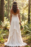 Ivory Halter A Line Ruffled Sweep Train Bridal Dress with Slit