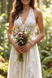 Ivory Halter A Line Ruffled Sweep Train Bridal Dress with Slit