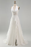 Ivory Halter A Line Ruffled Sweep Train Boho Wedding Dress with Slit