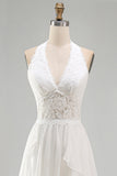 Ivory Halter A Line Ruffled Sweep Train Boho Wedding Dress with Slit