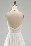 Ivory Halter A Line Ruffled Sweep Train Boho Wedding Dress with Slit