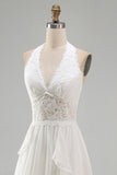 Ivory Halter A Line Ruffled Sweep Train Boho Wedding Dress with Slit