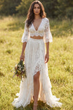 Ivory Floral 2 Piece V-Neck A Line Sweep Train Bridal Dress with Slit