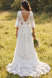 Ivory Floral 2 Piece V-Neck A Line Sweep Train Bridal Dress with Slit