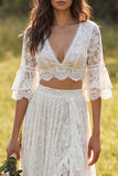 Ivory Floral 2 Piece V-Neck A Line Sweep Train Bridal Dress with Slit