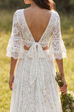 Ivory Floral 2 Piece V-Neck A Line Sweep Train Bridal Dress with Slit