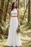 Ivory 2 Piece Halter A Line Sweep Train Bridal Dress with Lace