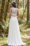 Ivory 2 Piece Halter A Line Sweep Train Bridal Dress with Lace