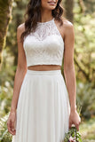Ivory 2 Piece Halter A Line Sweep Train Bridal Dress with Lace