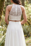 Ivory 2 Piece Halter A Line Sweep Train Bridal Dress with Lace