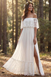 Ivory Off the Shoulder A Line Sweep Train Bridal Dress with Slit