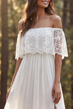 Ivory Off the Shoulder A Line Sweep Train Bridal Dress with Slit