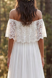 Ivory Off the Shoulder A Line Sweep Train Bridal Dress with Slit