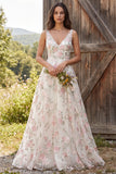 Ivory Floral V-Neck A Line Sweep Train Bridal Dress