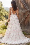 Ivory Floral V-Neck A Line Sweep Train Bridal Dress