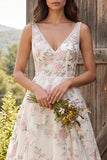 Ivory Floral V-Neck A Line Sweep Train Bridal Dress