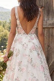 Ivory Floral V-Neck A Line Sweep Train Bridal Dress