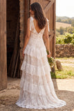 Ivory Floral Ruffled V-Neck A Line Sweep Train Bridal Dress with Slit