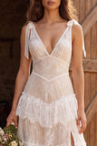 Ivory Floral Ruffled V-Neck A Line Sweep Train Bridal Dress with Slit