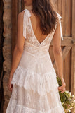 Ivory Floral Ruffled V-Neck A Line Sweep Train Bridal Dress with Slit