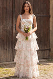 Ivory Floral Ruffled Thick Straps A Line Floor Length Bridal Dress