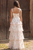 Ivory Floral Ruffled Thick Straps A Line Floor Length Bridal Dress